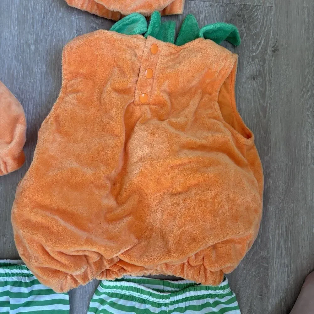 12M Baby Pumpkin Halloween Costume Lot 5pc Set 2 Pants 2 Hats Plush Vest Pumpkin